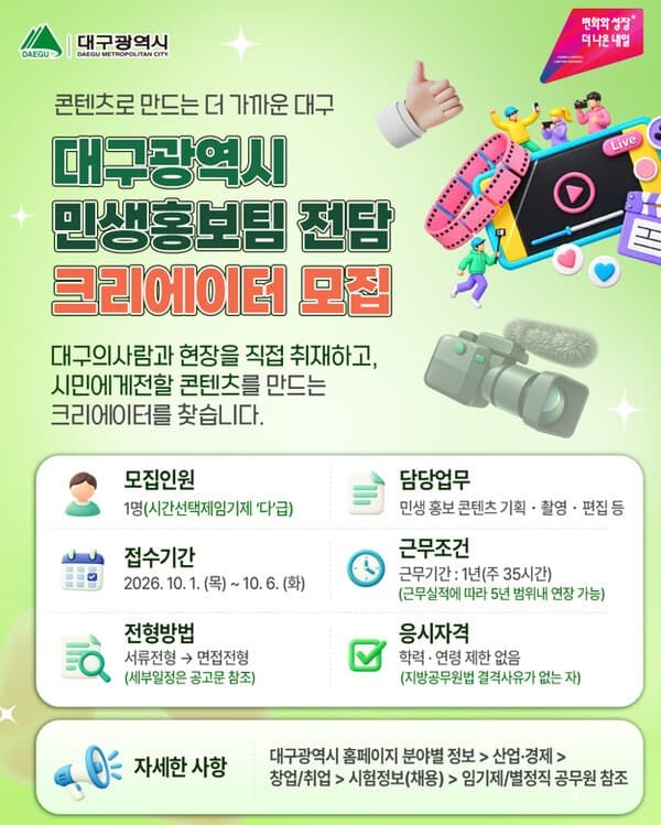 대구시, ‘민생홍보 크리에이터’ 공무원 뽑는다…7급 상당 1명 채용